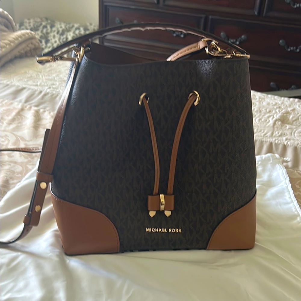 Michael Kors Brown and Black Shoulder Bag with Gold Hardware